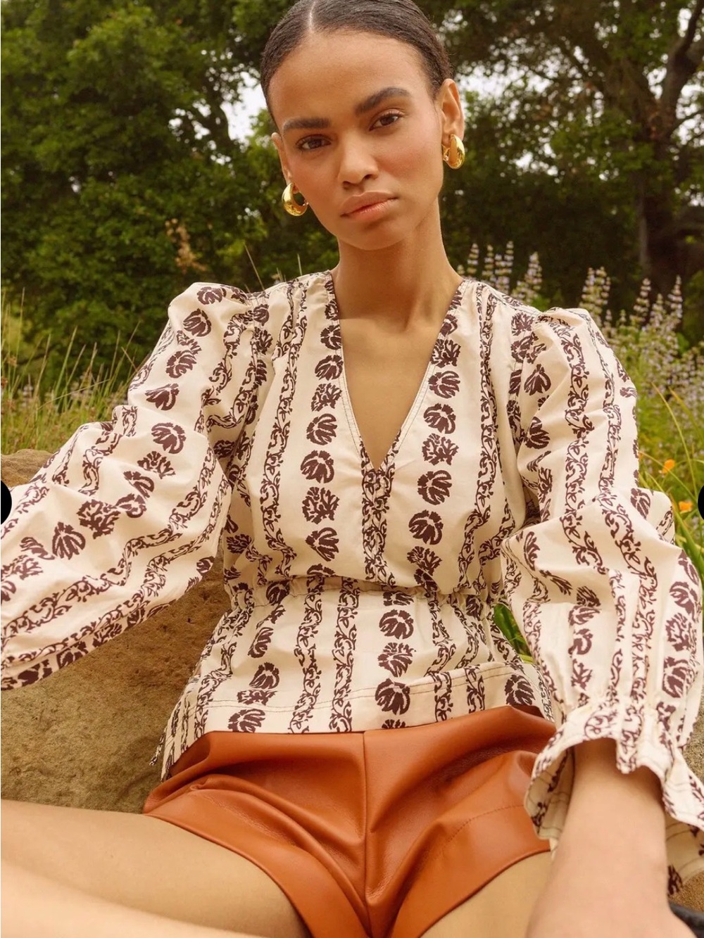 NWT Marie Oliver Morgan Top Ivy Rows Print Puff Sleeve Peplum Blouse Small